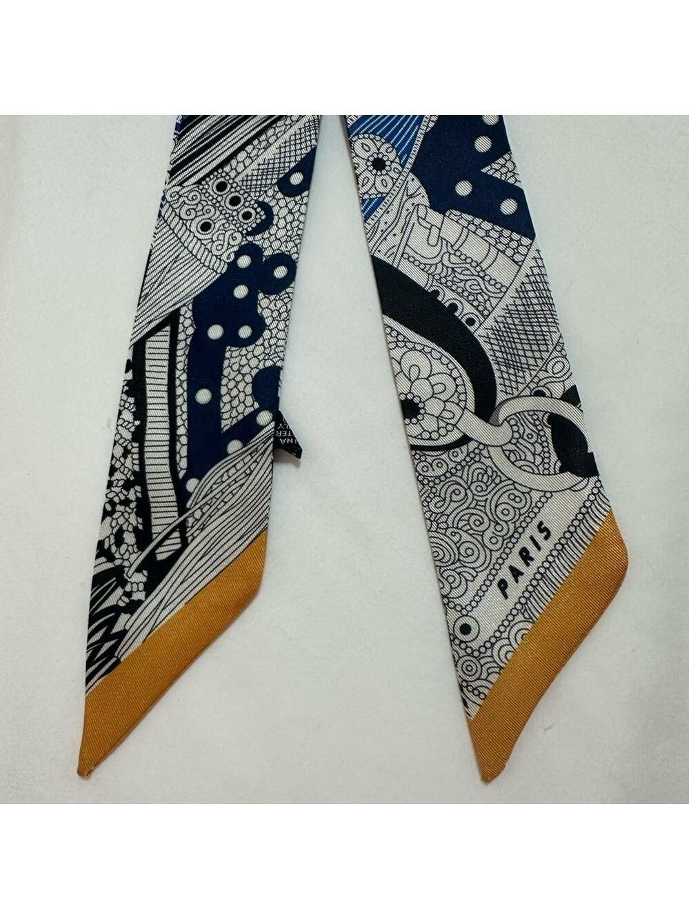 PARIS EQUESTRIAN SKINNY SCARF BAG HANDLE WRAP BANDEAU PURSE TIE NAVY BLUE ORANGE - Picture 3 of 3